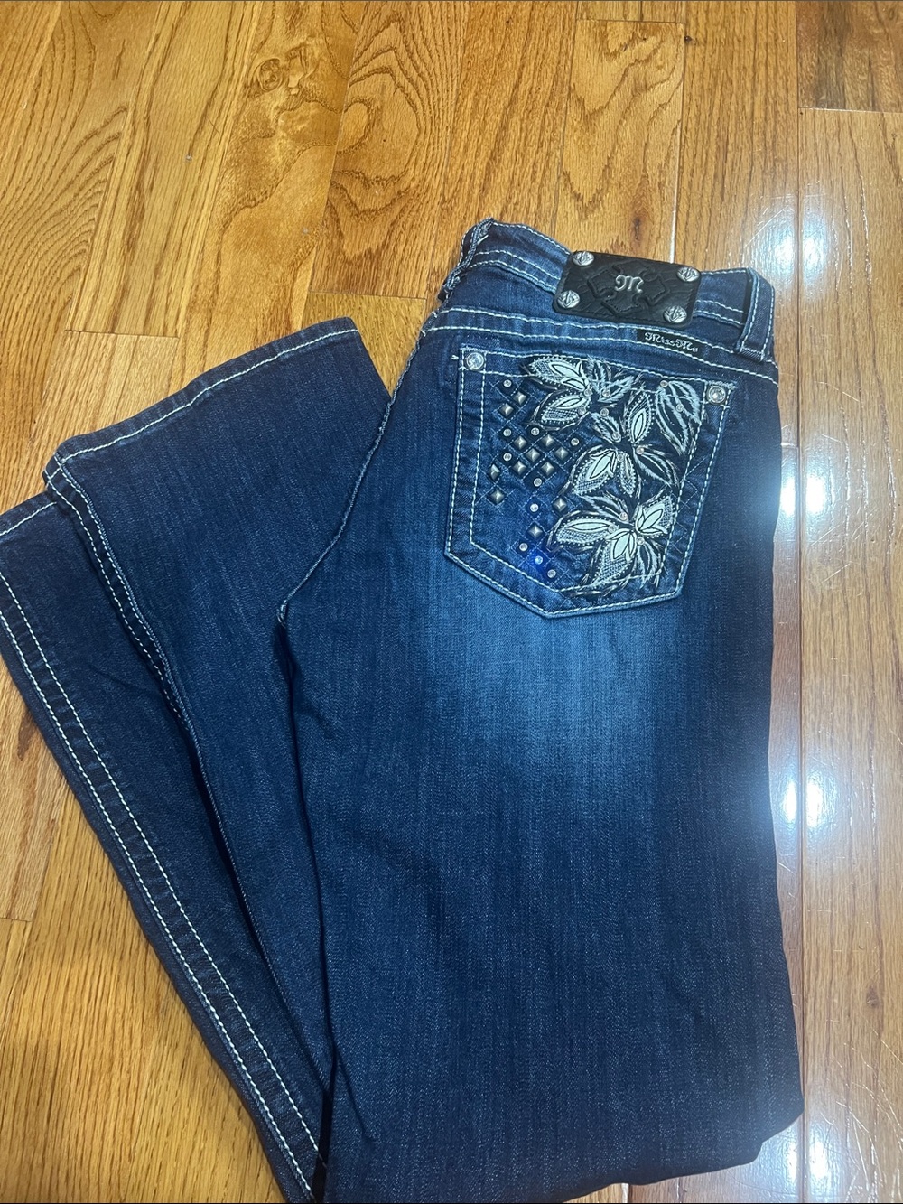 Miss Me Deep Indigo Bootcut Jeans with Embroidered Pocket